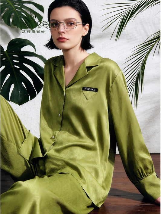 Da Vinci Code Minimalist Collared Pajamas for Women, Long Sleeve Loungewear Set, Green, Mite Resistant, Spring & Summer Edition