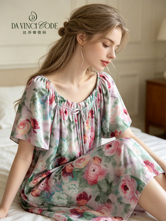 Davinci Code 2026 New Arrival Women's Ice Silk Nightgown, Summer Thin Off-the-Shoulder A-Line Home Dress Loungewear