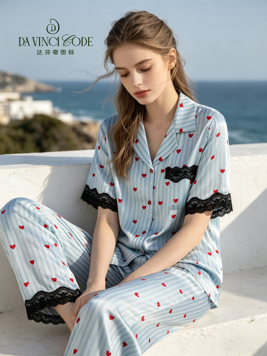 DavinciCode women's satin heart-patterned cooling ice silk pajama set with lace front casual wear for gentle aging.