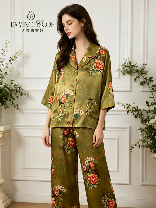 DavinciCode Summer Lightweight Silk Cool-Fitting New Chinese-style Homewear Set for Women, Suitable for Outerwear, High-Style Set