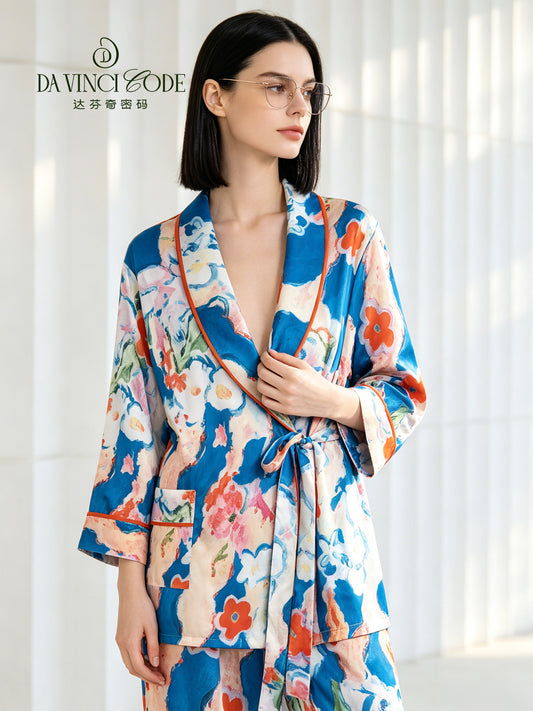 DavinciCode Sleepwear - Women's Ice Silk Cool-Front Satin High-Style Luxury Casual Homewear Set (Can be worn outside)