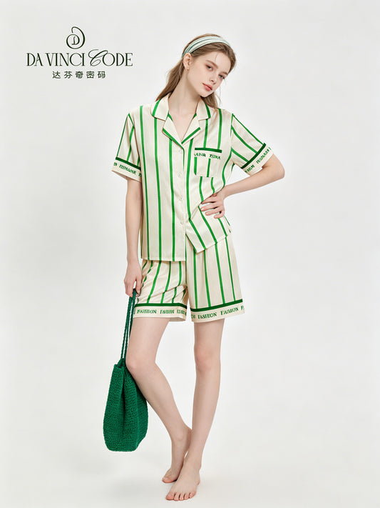 DavinciCode Luxury Lightweight Silk-look Striped Sleepwear Set with Loose Short Sleeves and High-Class Feel