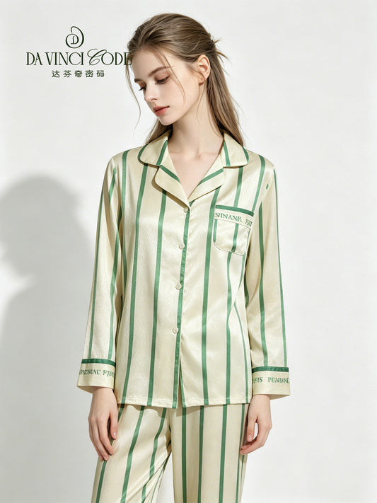DavinciCode Ice Silk Stripes Casual Blazer Sleepwear Breathable and Comfortable Long-Sleeved Homewear Set Can Be Worn Outdoors