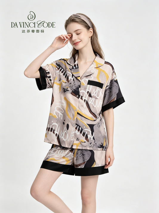 DavinciCode Fashion Retro Style Ice Silk Pajamas for Women, Lightweight Lapel with Graffiti Print Loungewear Set for Summer