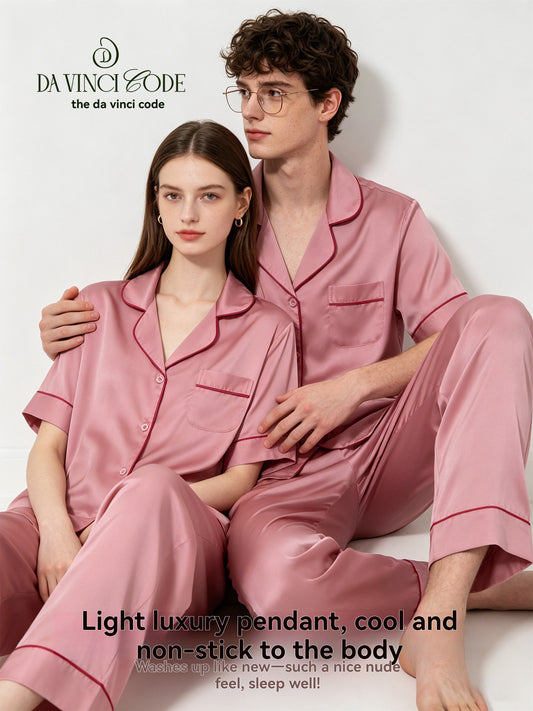 DavinciCode Pink Couple Sleepwear Summer Silk Casual Artistic Style Homewear Set (Can be Worn Outside)