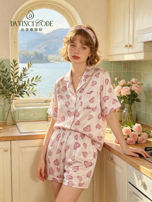 Davinci Code Cute Silk Heart Patterned Flowery Dress Sleeping Suit for Women Summer Short-Sleeved Comfortable Homewear Set