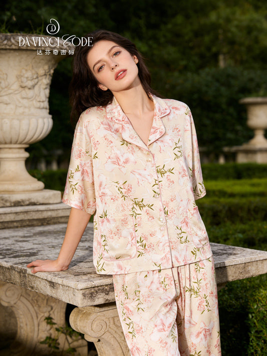 Da Vinci Code New Spring & Summer Collection Narcissus Pink Printed Ice Silk Loose Pajamas for Women Loungewear Set with Gift Box Packaging
