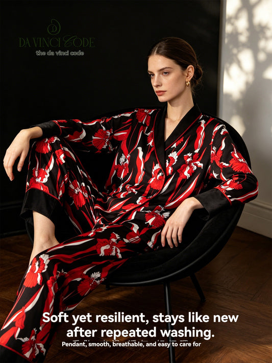 DavinciCode Ice Silk Lightweight Luxury Women's Summer Fitted Elegant High-Style Long-Sleeved Homewear Set