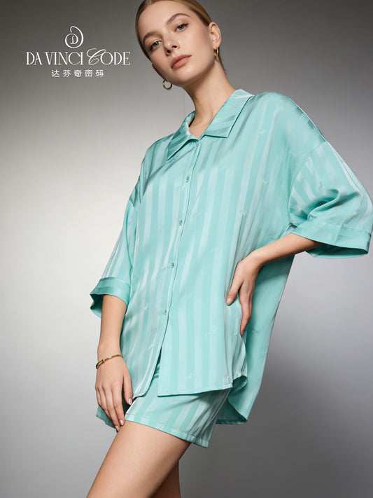 Da Vinci Code Women's Pajamas, Summer Thin Loose Seven-Point Sleeve Shirt-Collar Loungewear Set, Wearable Outside