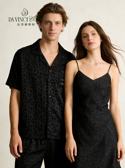 Da Vinci Code Luxury Leopard Print Pajamas for Couples, Black & Gold Long Sleeve Loungewear Set, Cool, Soft and Silky