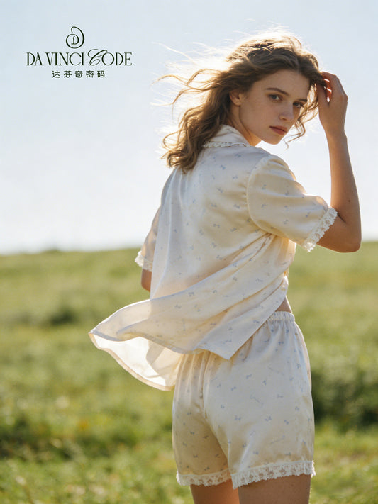 Da Vinci Code Women's Printed Pajama Set, Short Sleeve & Shorts with Lapel, Comfortable Loungewear Set with Lace