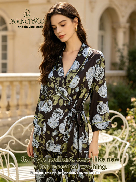 DavinciCode Silk Laid-back Style Printed Sleeping Dress Women's Long-Sleeved Strappy Luxury High-End Comfortable Homewear Set