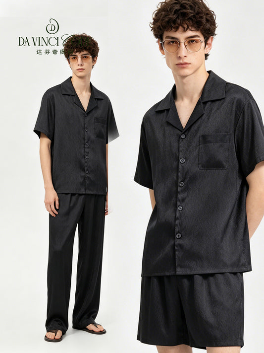 DavinciCode Men's Sleepwear - Summer Lightweight Silk Cool-Comfort Breathable Black Loose-Fitting Short-Sleeved Home Set