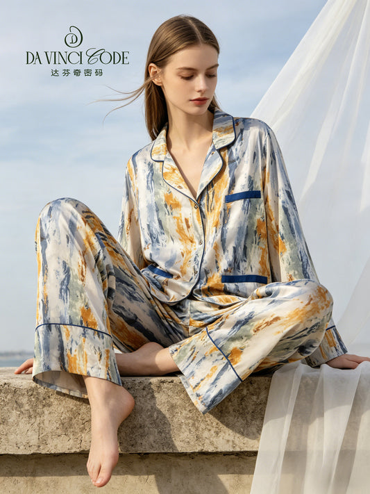 Da Vinci Code Ice Silk Pajama Set for Women, Spring and Summer New Design, High-End Oil Painting Style Long Sleeve and Long Pants, Lightweight Home Wear