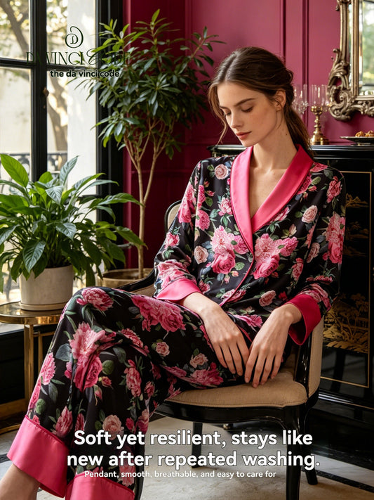 DavinciCode Lady Ice Silk Summer Rose Print Sleeping Suit - French Luxury Fit, Form-Fitting, Can Be Worn Outdoors, Homewear Set