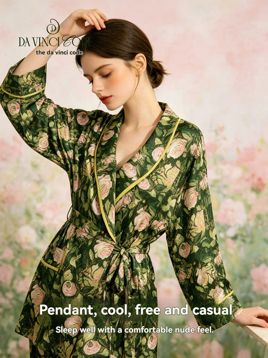 DavinciCode Sleepwear Women's Summer 2026 New Ice Silk Satin High-end Luxury Oil Painting Style Gift Set