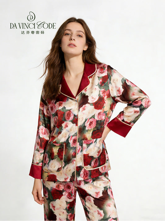 Da Vinci Code New Spring & Summer Collection Premium Ice Silk Long Sleeve Silk Pajamas French Style Loungewear Set with Gift Box Packaging