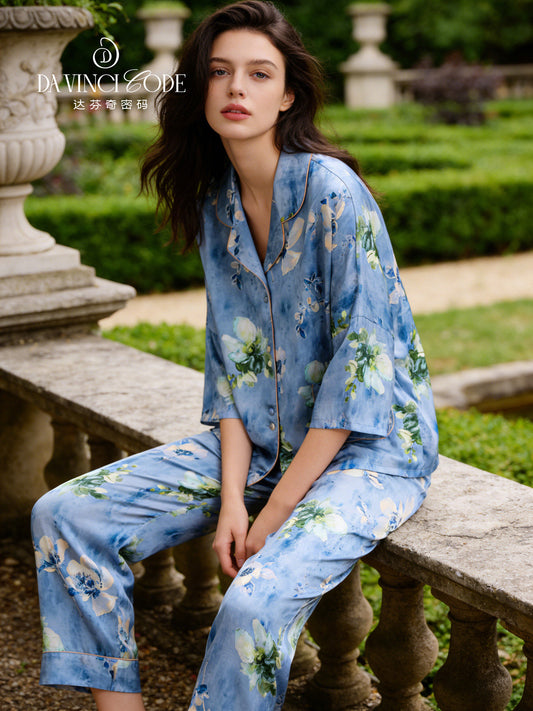 Da Vinci Code Women's Ice Silk Pajamas, Blue Fragrance Three-Piece Long Sleeve Loungewear with Premium Sense