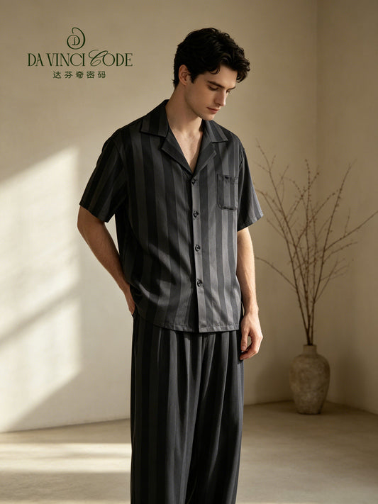 DavinciCode Men's Ice Silk Sleepwear Summer 2026 New Style Striped Lightweight Breathable Homewear Suitable for All Seasons