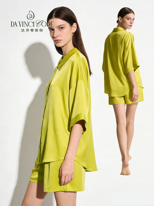 Da Vinci Code Women's Ice Silk Pajamas, Short Sleeve Shirt Collar, Luxury & Light Luxury Loungewear Set, Wearable Outside
