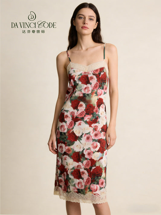 Da Vinci Code Women's Sexy Slip Nightdress 2026 Summer New Style, Lace Trim with Rose Print Loungewear