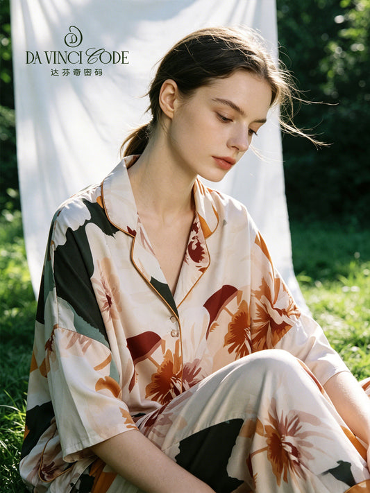 Da Vinci Code Ice Silk Pajamas for Women, New Summer Style, Wearable Outside, Ink Painting Design, Loose Plus Size Loungewear Set