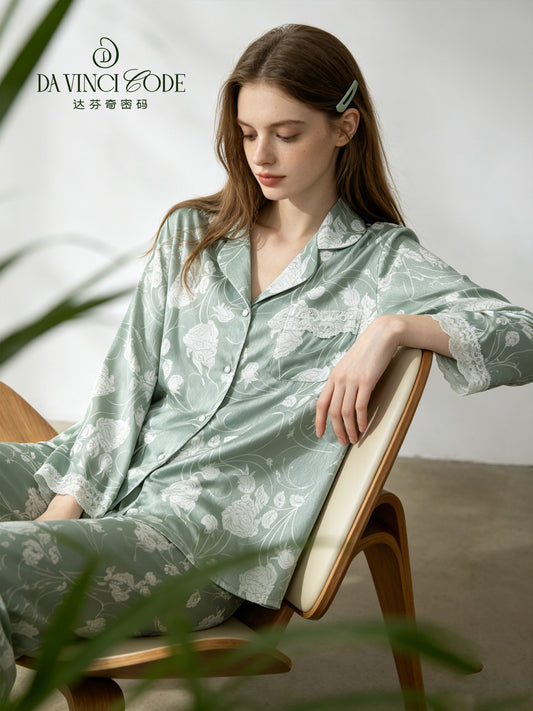 DavinciCode Sleepwear Women's Summer 2026 New Ice Silk Satin High-Style Lace Homewear Set Can Be Worn Outdoors