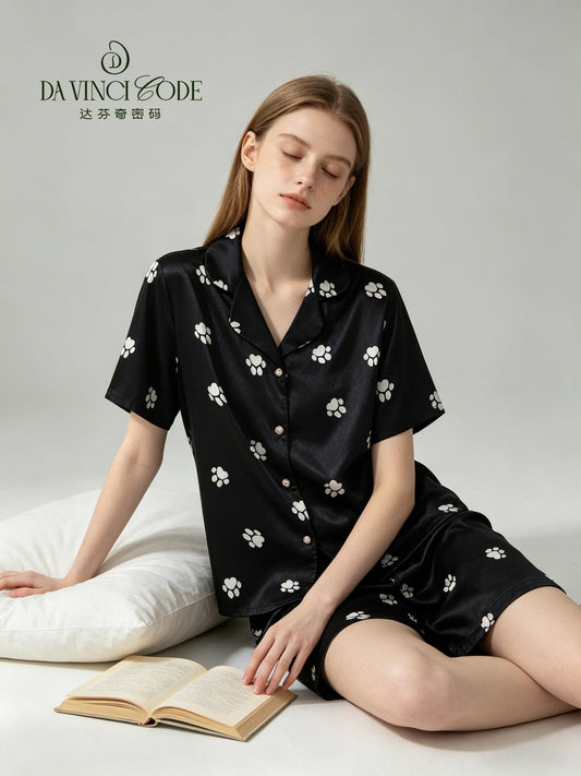 DavinciCode Women's Sleepwear - Cute Cat Pattern Lightweight Loose Cool-Feeling Breathable Silk Short-Sleeved Home Set