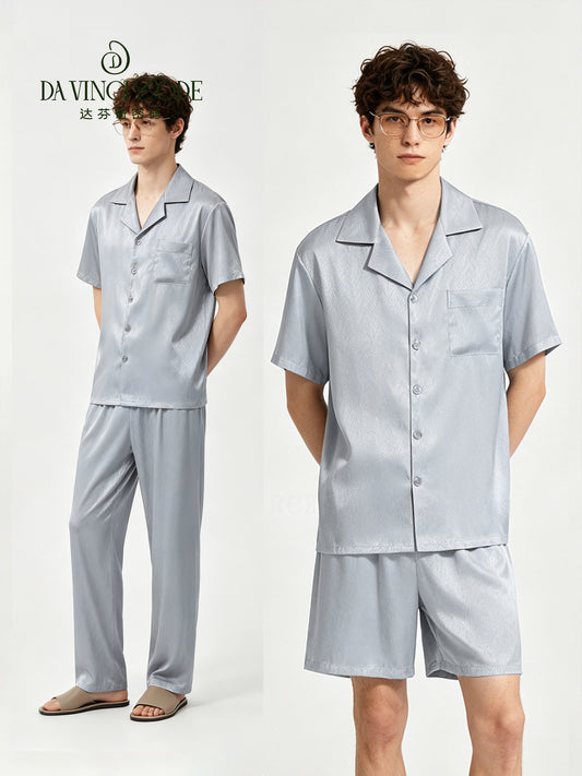 DavinciCode Men's Sleepwear - Summer Lightweight Style, Ice Silk Herringbone Pattern, Loose Fit Short Sleeve Homewear Set, Can Be Worn Outdoors