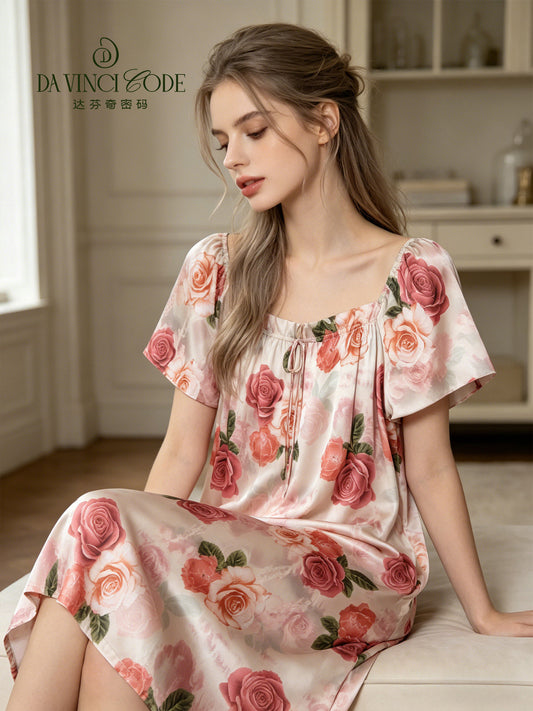 Davinci Code 2026 New Women Ice Silk Nightgown, Summer Off-the-Shoulder A-Line Short Sleeve Loungewear Dress