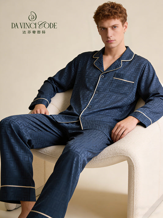 Da Vinci Code Men's Cool Feeling Lapel Silk Cardigan Short Sleeve & Long Pants Pajama Loungewear Set for Summer