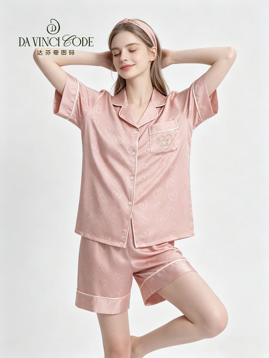 Davinci Code Women's Ice Silk Pajama Set, Summer Thin Short Sleeve & Shorts, Cute Pink Luxury Loungewear