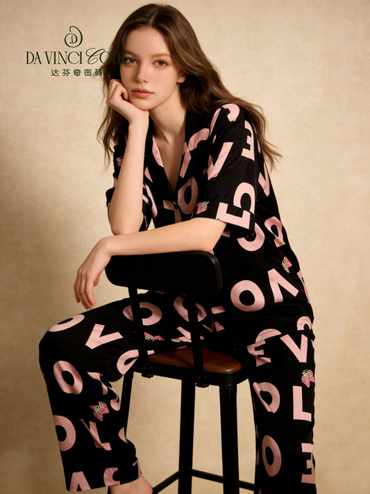Da Vinci Code 2026 Three-Piece Letter Print Pajama Set, Summer Ice Silk Short Sleeve Loungewear, Light Luxury Style