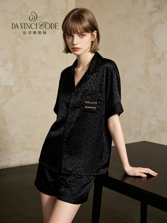 DavinciCode Couples' Loungewear, Leopard Print Lapel Silk Pajama Set, Cool & Breathable for Summer