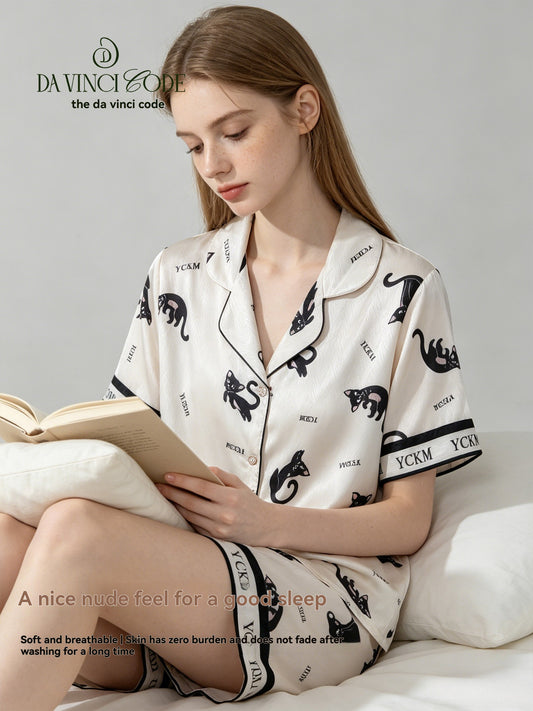 DavinciCode Women's Sleepwear - Summer 2026 New Design - Cute Cat Pattern - Thin Cool-Front Ice Silk Short-Sleeved Homewear Set
