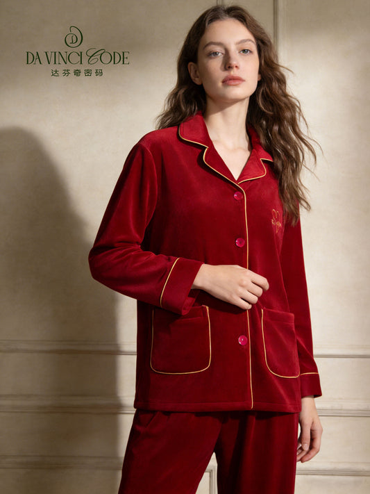 Da Vinci Code Women's Island Velvet Front Button Pajama Set with Shirt Collar, Double-sided Velvet Loungewear for Spring, Autumn and Winter